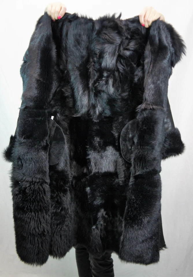 REAL 100% Piel de Oveja Piel de Oveja Toscana Abrigo Largo Capucha DAKOTA NEGRO XS-6XL Foto 3 de 4