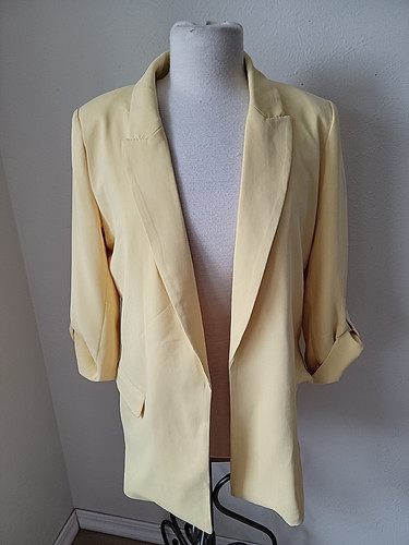 Philosophy Womens Blazer Jacket Large Yellow Pockets Roll Tab Sleeve New - Picture 1 of 14