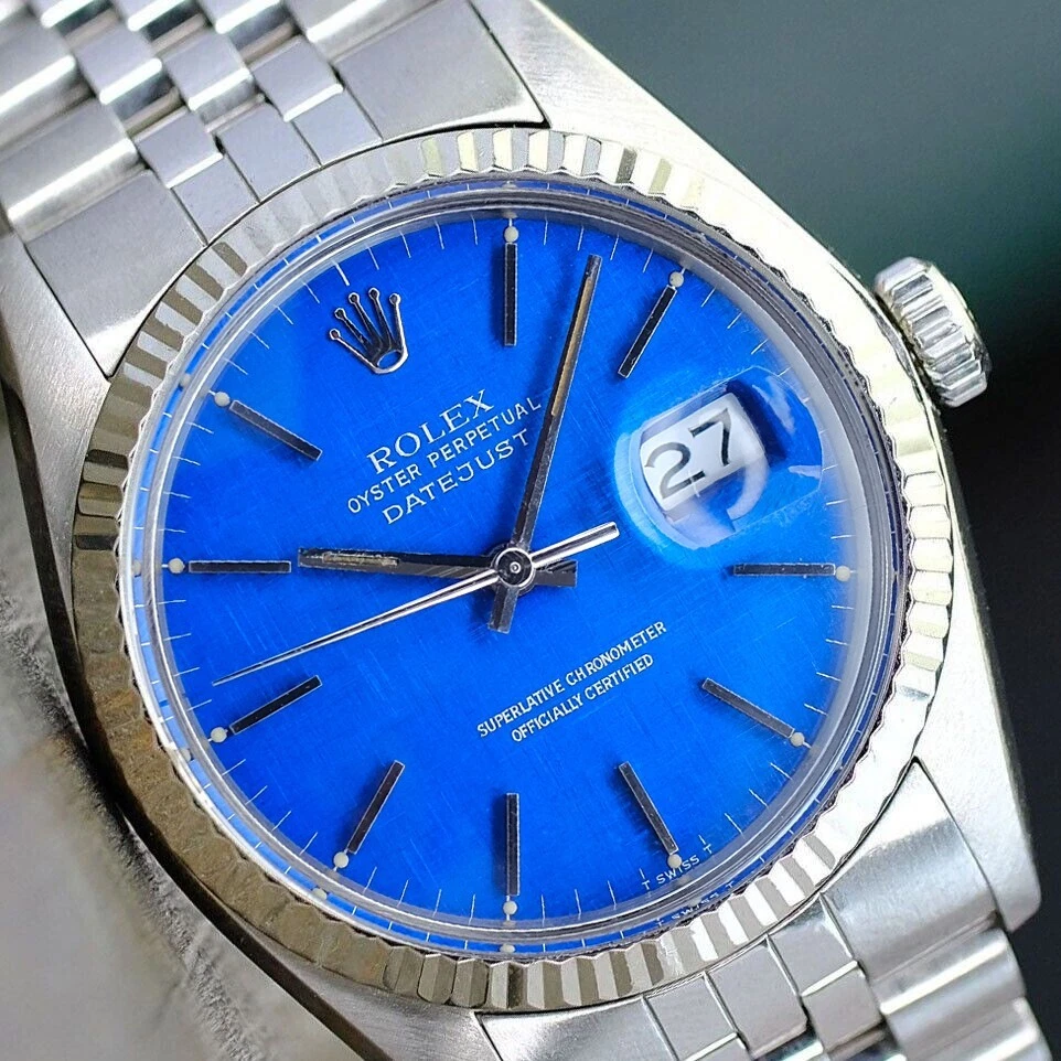 MENS ROLEX DATEJUST 18KW GOLD STAINLESS STEEL BLUE LINEN INDEX