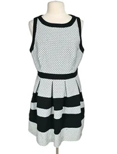 ELLE Black White Polka Dots Mini Fit & Flare Dress Crew Neck Sleeveless Women 16
