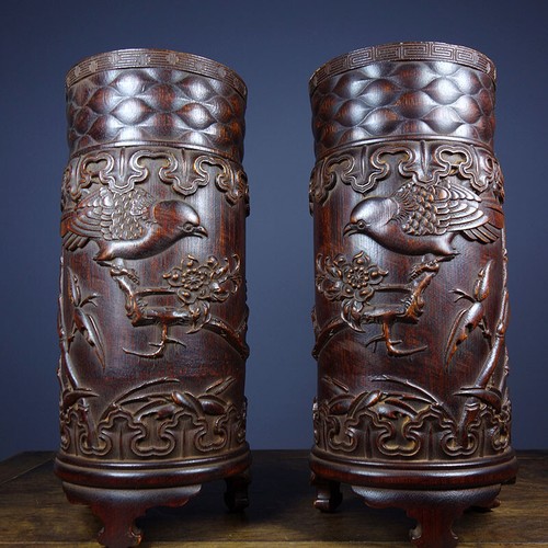 Chinese Antique Bamboo Carved Flower Bird Brush Nice Pot Office Supplies A Pair - Picture 5 of 17