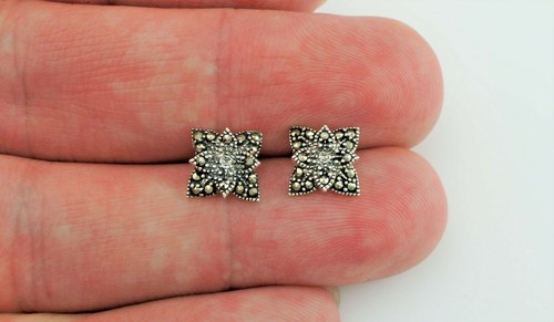 925 Plata Esterlina Marcasita Elegante Tuerca Pendientes - Imagen 3 de 3