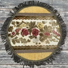 Antique Vintage Doilie Tapestry Brocade Upholstery Metallic Round Fringe Edge