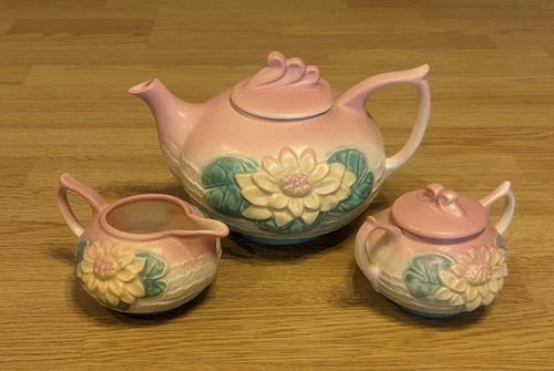 Hull Pottery USA Waterlilly Tea Coffee Set Ceramic Teapot Creamer Sugar Bowl
