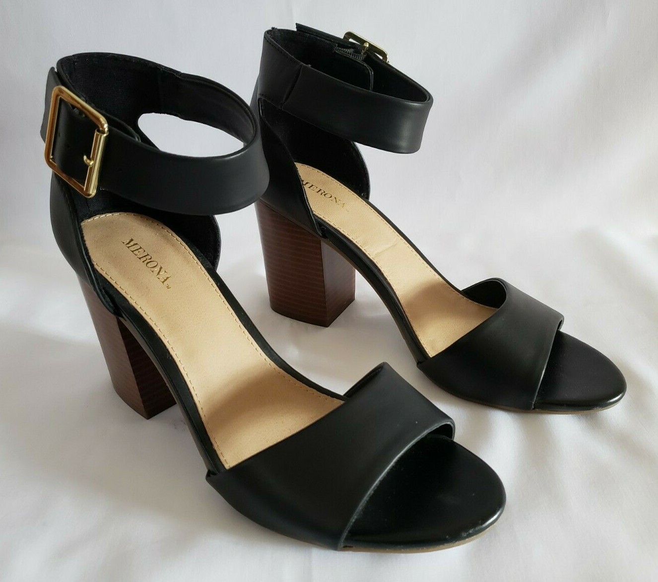 MERONA Black Leather Look Thick Ankle Strap 3.5 Chunky Heels Sandals 9.5 M  EUC! | eBay