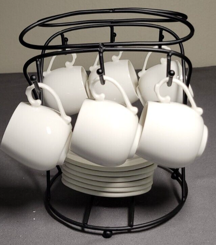 Espresso Cups with Saucers 6 Porcelain Cups and Metal Stand and 5 Spoons - Picture 2 of 16
