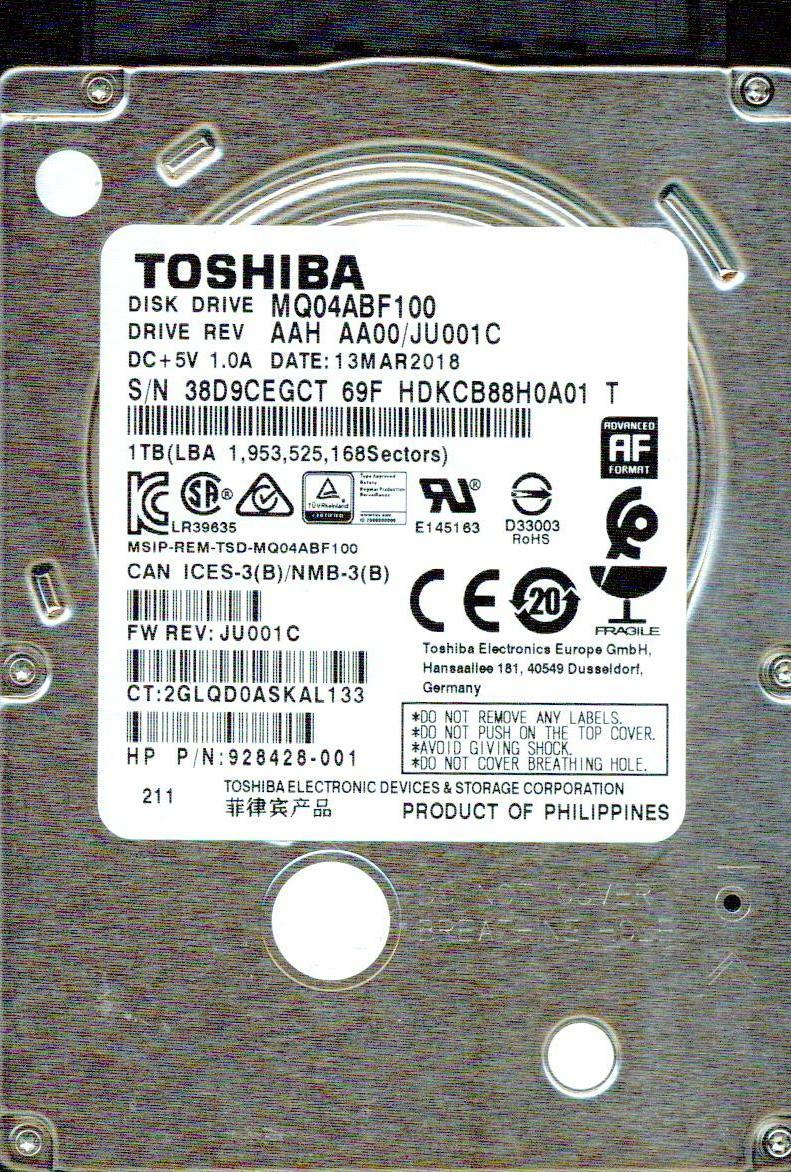 MQ04ABF100 AAH AA00/JU001C, HDKCB88H0A01 T TOSHIBA SATA 1TB 69F