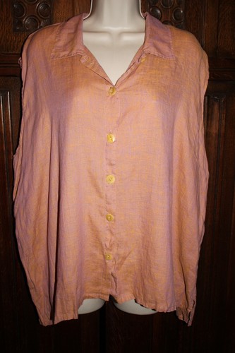 Flachs Leinen Lagenlook Top 2X Ärmel Button Down Pfirsich Orange Lila - Bild 2 von 7