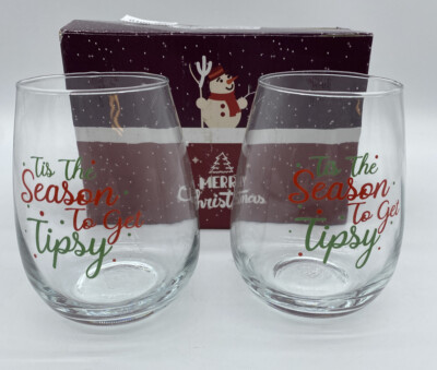 Set of 2 Tis the Season to Get Tipsy Christmas Stemless Wine Glass for Funny