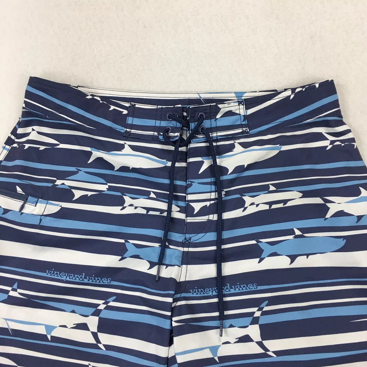 Vineyard Vines Sharks Print Striped Blue White Swim Board Shorts Men's Size  33