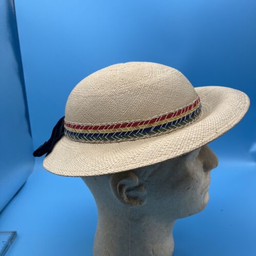 Genuine Panama Straw Hat Woven striped band Velvet Bow Vtg - Picture 5 of 12