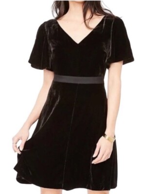 Ann Taylor Formal Velvet Dress Black Lined Flutter Sleeve V-Neck A-Line Party