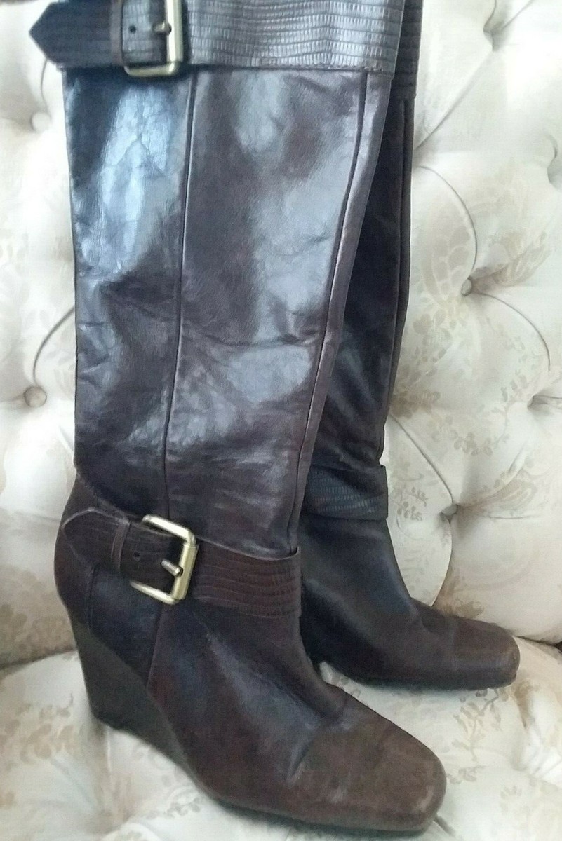 A.N.A Brown Leather Knee High Boots Wedges Heels Shoes Women A.N.A Brown Leather Knee High Boots Wedges Heels Shoes Women