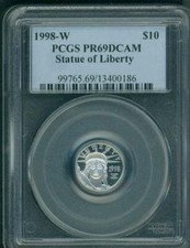 1998-W $10 PLATINUM EAGLE STATUE of LIBERTY 1/10 Oz. PCGS PR69 PF69 PROOF PR-69 4240.00 per troy oz
