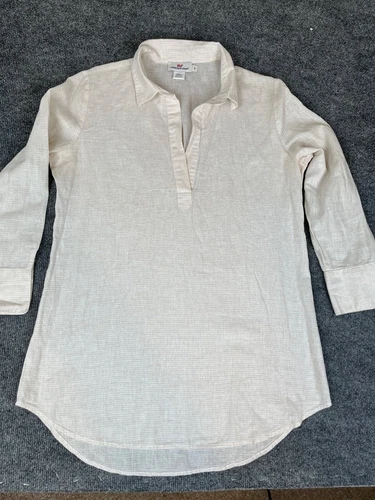 Vineyard Vines Womens Beige Tan Striped Popover Linen cotton Shirt Size S