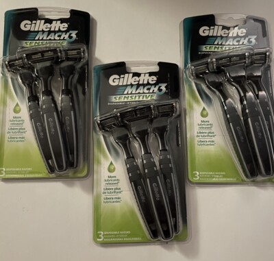 3 Packs of Gillette Mach3 Sensitive Men Disposable Razor 3 Ct-Total 9 Razors