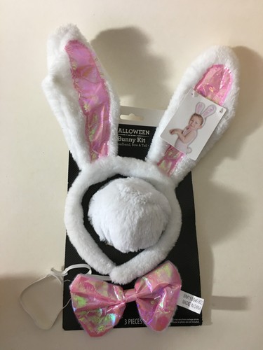 Easter Halloween Child 3-Pc Pink White Bunny Accessory Costume Kit Ears Tail Tie - Picture 5 of 5