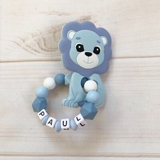 Anneau de Dentition Préhension Hochet avec Noms Nom Désiré en Silicone Bleu Lion