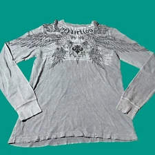 Affliction Shirt Mens 2XL Gray Thermal Long Sleeve Y2K 2 Sided Goth Wings Grunge