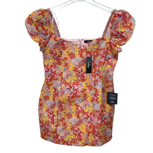 L Neu mit Etikett Lulus Blumen Puffärmel Jacquard Minikleid/Top Tunika Tank Party Cocktail