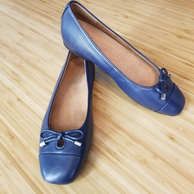Vionic Klara Ballet Flat Womens 6.5 Narrow Blue Leather Bow Square Toe Comfort