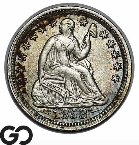 1853 Seated Liberty Half Dime w/ Arrows, Nice Original BU Album Toner!