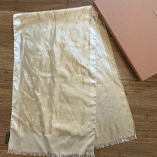 LV Monogram Silk  Satin Scarf Beige Fringe with Original Box Louis Vuitton