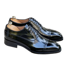 Handmade Black Genuine Leather Cap Toe Oxford Lace Up Office Dress Shoes For Men