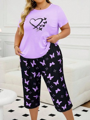 Damen Plus Size Lässiges Schmetterling Muster Kurzarm T Shirt und Billig24