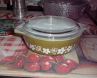 Vintage  Green Flowers Pyrex  Round Casserole With Lid