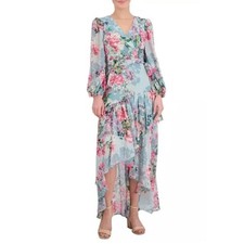 Eliza J floral metallic surplice tie waist ruffle hem chiffon wrap maxi Dress 8
