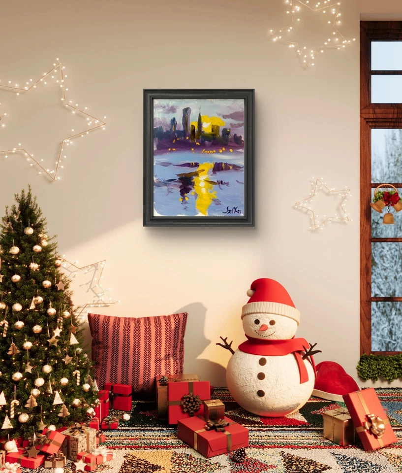 Pintura al óleo original 9x12 lienzo paisaje urbano moderno abstracto neoexpresionismo Foto 3 de 4