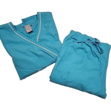SET/Teal Blue White Cotton Blend SP Scrubs Top AND Drawstring Bottom SMALL