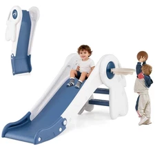 3 in 1 Toddler Slide w/Basketball Hoop & Basketball, Foldable Freestanding Slide
