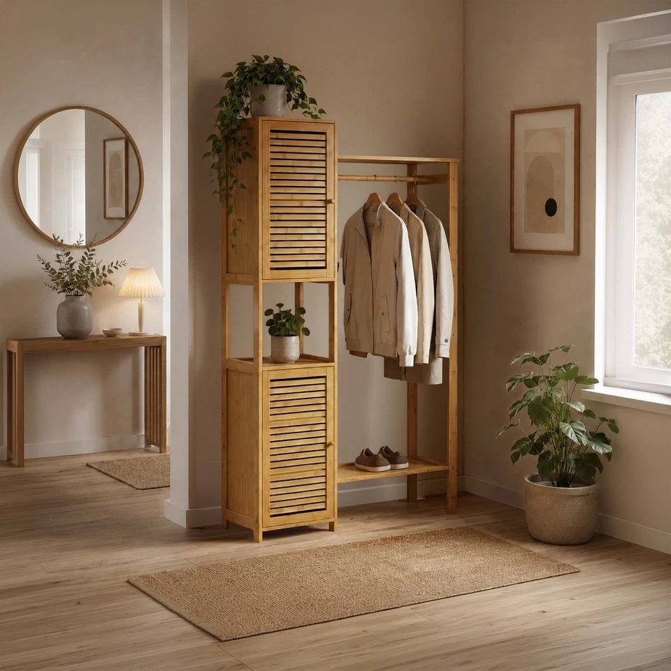 Porte-manteau, tringle vêtements, garde-robe entrée, étagère chaussures, bambou - Photo 2/4