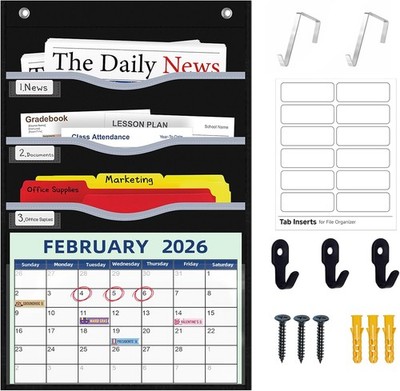 4 Pockets Hanging Wall File Organizer 15'' Extra Wide Pocket Chart for Classroom,
