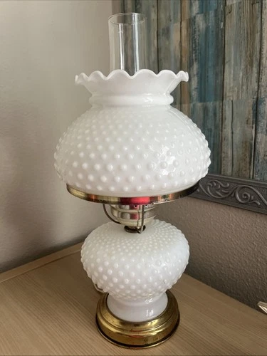 Vintage Hobnail Milk Glass Hurricane Desk Lamp WORKS Fenton Style Gone With Wind