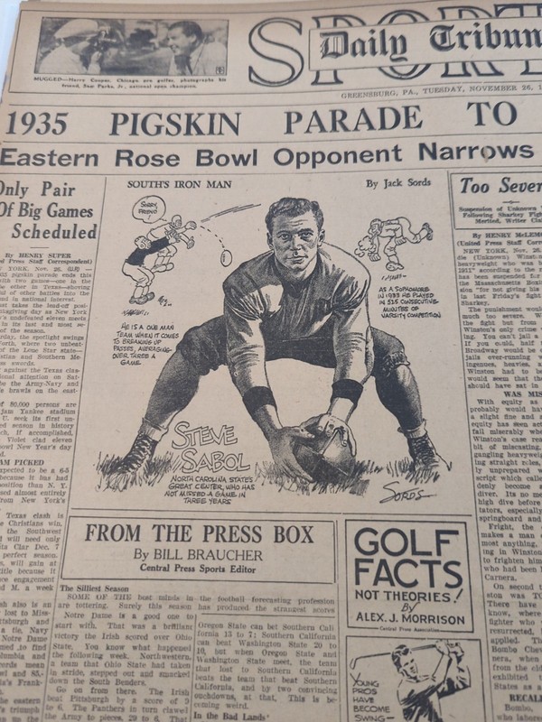 NOV 26, 1935 NEWSPAPER PAGE #2231- STEVE SABOL, NC STATE FOOTBALL 🏈