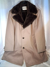 VTG Campus Men's Tan Overcoat, Dark Brown Faux Fur Collar, Size 46, Made in USA