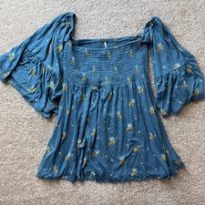 Free People Dress Womens S Blue Floral Off Shoulder Bell Sleeve Smocked Short