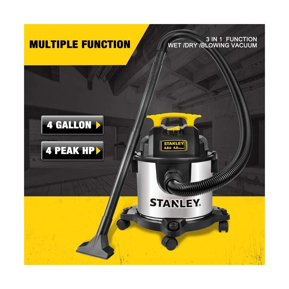 Aspiradora en seco húmedo STANLEY 4 galones, 4 HP pico acero inoxidable 3 en 1 S... envío rápido Foto 4 de 4