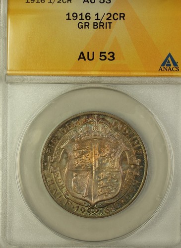 1916 Great Britain Half Crown Silver Coin ANACS AU-53 Beautiful Toning - Afbeelding 1 van 2