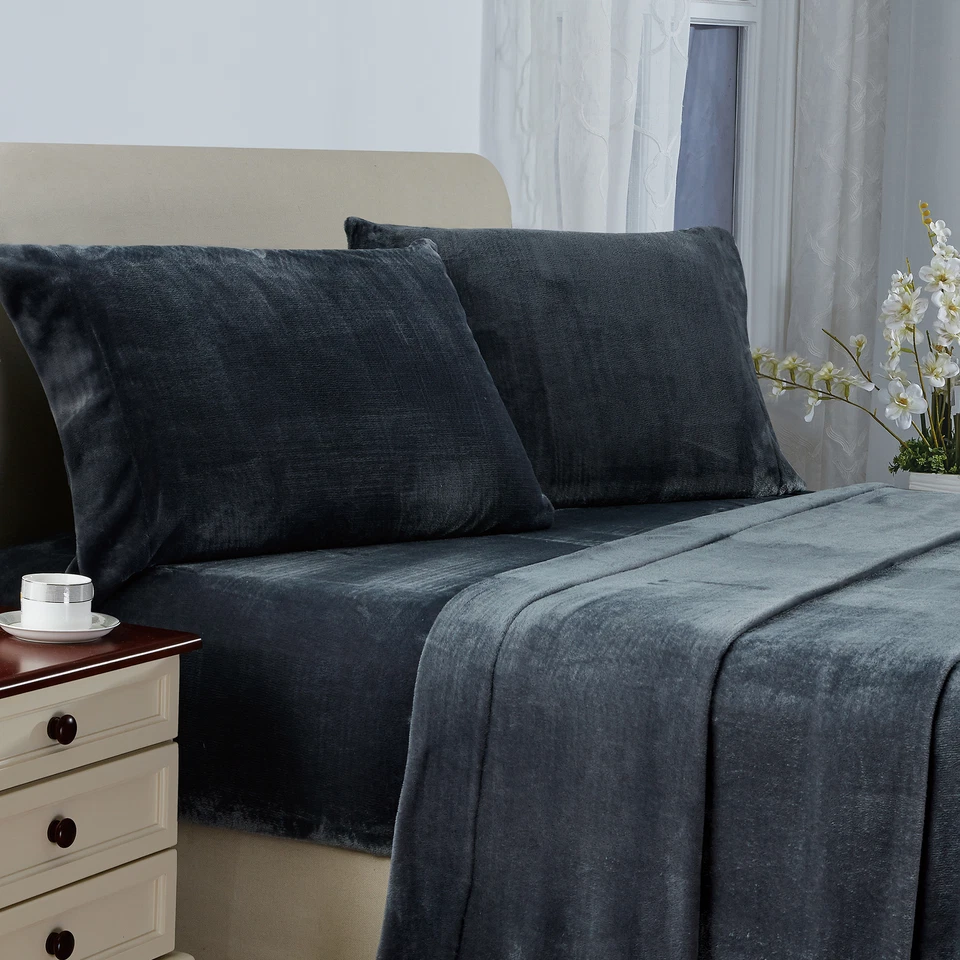 Juego de sábanas de franela de 4 piezas sábanas ajustables de bolsillo profundo dobles completas queen king Foto 4 de 4