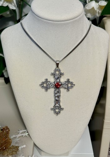 Large Victorian Cross Necklace Floral Design Religious Gothic Grunch Silver New - Picture 2 of 9