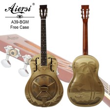 Aiersi Brass Finish F Hole Sandblasted Palm Tree Resonator Guitar