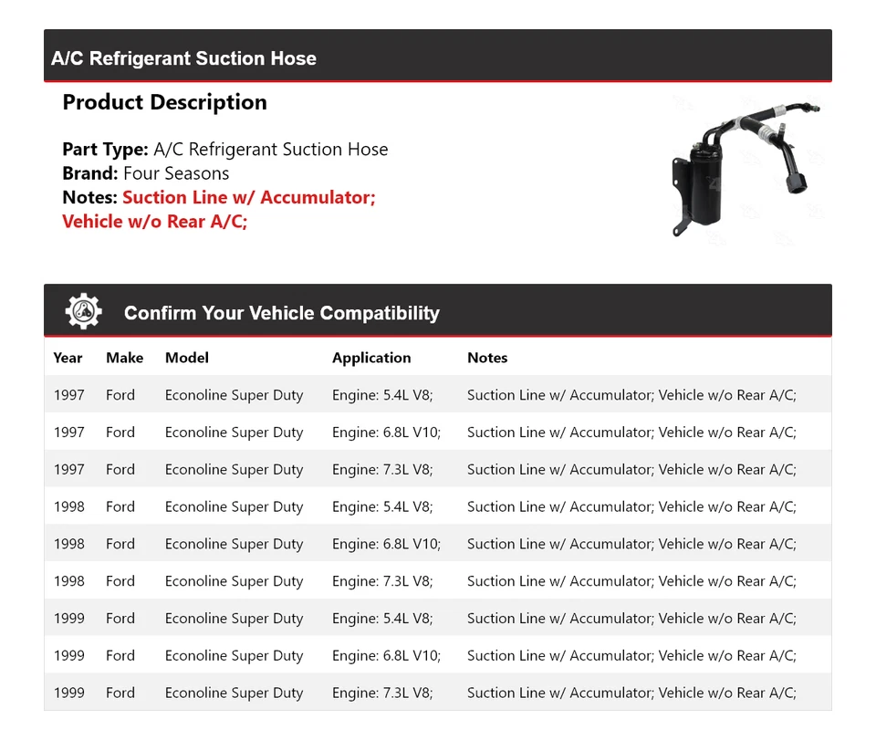 Manguera de succión de refrigerante aire acondicionado Super Duty 1997-1999 Ford Econoline Super Duty 4 estaciones Foto 2 de 4
