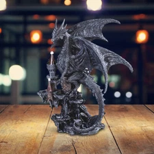 Medieval Black Dragon on Castle Statue 7.75"H Fantasy Figurine Room Decor