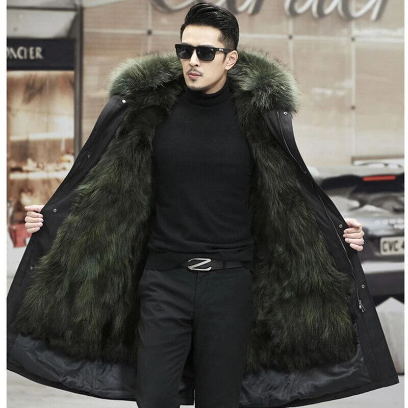 Men Real Raccoon Fur Lined Parka Jacket Winter Warm Hooded Thicken Coat Overcoat - Image 4 of 4