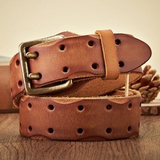 Mens Wide Thick Leather Belt Vintage Cowhide Genuine Leather Cowboy Jeans Belt