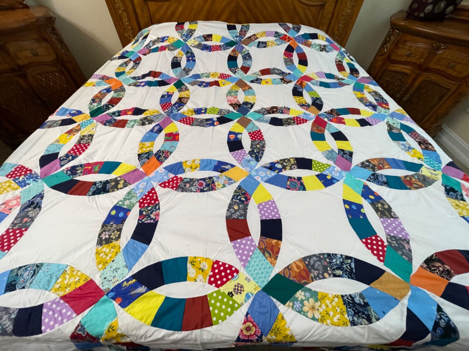 King Size Double wedding Ring patchwork quilt top 186 eBay